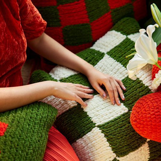 Green and Offwhite Check Cushion Cover